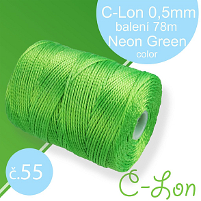 Nylonová nit C-Lon pevná korálková nit. Barva 55 Neon Green. Síla nitě 0,5mm. Balení 78m na cívce.