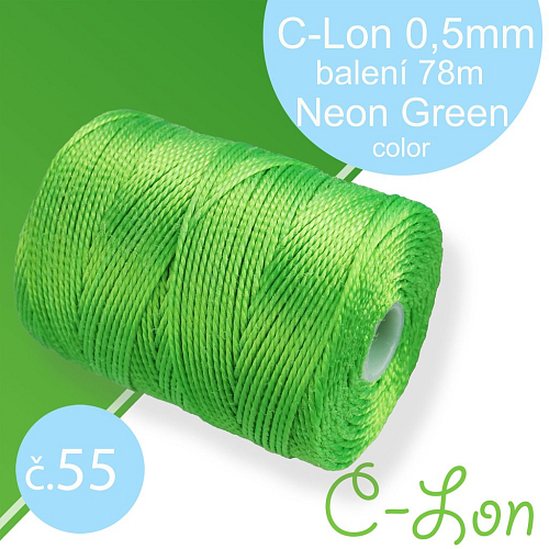 Nylonová nit C-Lon pevná korálková nit. Barva 55 Neon Green. Síla nitě 0,5mm. Balení 78m na cívce.
