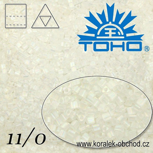 Korálky TOHO tvar TRIANGLE (trojúhelníkové). Velikost 11/0. Barva č. 161F-Trans-Rainbow-Frosted Crystal . Balení 10g.