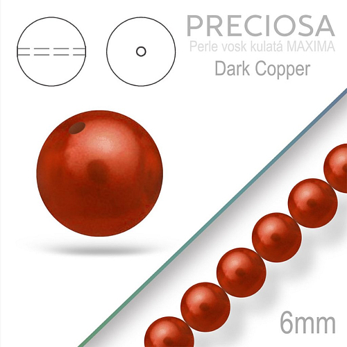 PRECIOSA Voskované Perle barva DARK COPPER  velikost 6mm. Balení návlek 21Ks. 