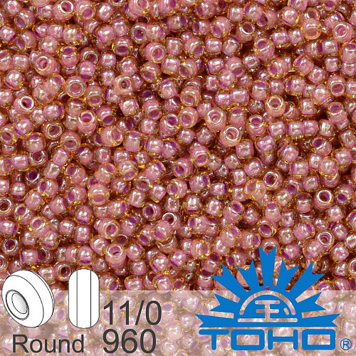 Korálky TOHO tvar ROUND (kulaté). Velikost 11/0. Barva č. 960-Inside-Color Lt Topaz/Pink-Lined . Balení 8g.