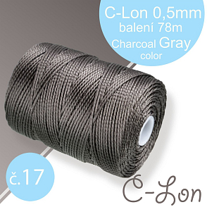 Nylonová nit C-Lon pevná korálková nit. Barva 17 Charcoal Gray. Síla nitě 0,5mm. Balení 78m na cívce.