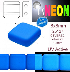 Korálky čtverec 2 otvory NEON (UV Active) velikost 8x8mm barva 25127 modrá světlá. Balení 15Ks. 