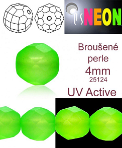 Korálky NEON (UV Active) BROUŠENÉ velikost pr.4mm barva 25124 ZELENÁ mírně průhledná. Balení 31Ks. 