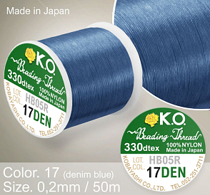 Nylonová nit značky K.O. Barva č. 17 denim blue . Materiál 330DTEX (0,2mm). Balení 50m. 