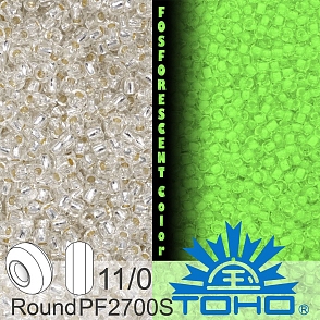 Korálky TOHO tvar ROUND (kulaté). Velikost 11/0. Barva č.PF2700S-Glow In The Dark - Silver Line Crystal/Green Splash  . Balení 8g.