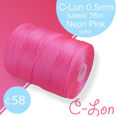 Nylonová nit C-Lon pevná korálková nit. Barva 58 Neon Pink. Síla nitě 0,5mm. Balení 78m na cívce.