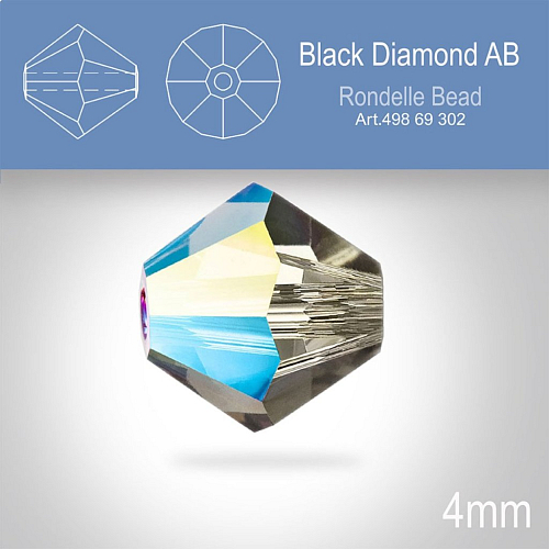 PRECIOSA Bicone MC BEAD (sluníčko) velikost 4mm. Barva BLACK DIAMOND  Aurore Boreale. Balení 31ks .