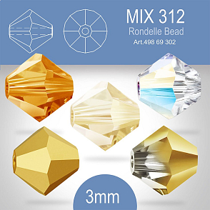 PRECIOSA Bicone (sluníčko) velikost 3mm. Barva MIX 312 Crystal AB, Blond Flare, Arum Full, Aurum Half, Topaz. Balení 40ks (5X8ks)