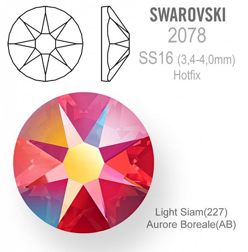 SWAROVSKI xirius rose HOTFIX 2078 velikost SS16 barva Light Siam Aurore Boreale 