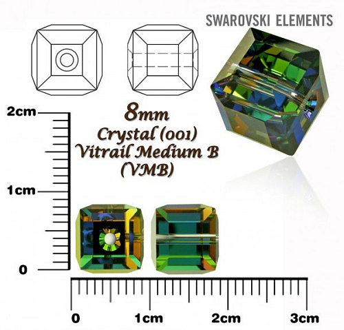 SWAROVSKI CUBE Beads 5601 barva CRYSTAL VITRAIL MEDIUM B velikost 8mm.