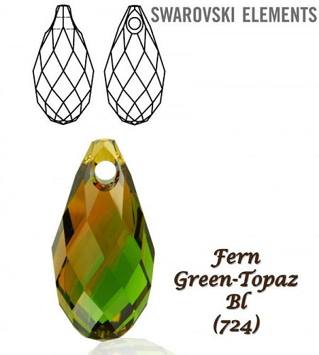 Swarovski  6010 Briolette Pendant 13x6,5mm. Barva FERN GREEN -TOPAZ BL.