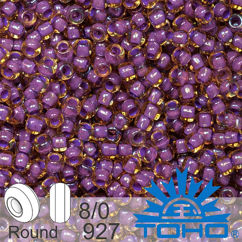 Korálky TOHO tvar ROUND (kulaté). Velikost 8/0. Barva č. 927-Inside-Color Lt Topaz/Opaque Purple Lined . Balení 10g.