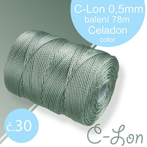 Nylonová nit C-Lon pevná korálková nit. Barva 30 Celadon. Síla nitě 0,5mm. Balení 78m na cívce.