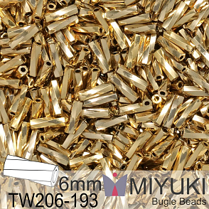 Korálky Miyuki Twisted Bugle 6mm. Barva TW206-193 24kt Gold Light Plated. Balení 3g.
