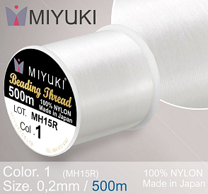 Nylonová nit značky MIYUKI. Barva č. 1 White. Materiál 330DTEX (0,2mm). Výhodné balení 500m.