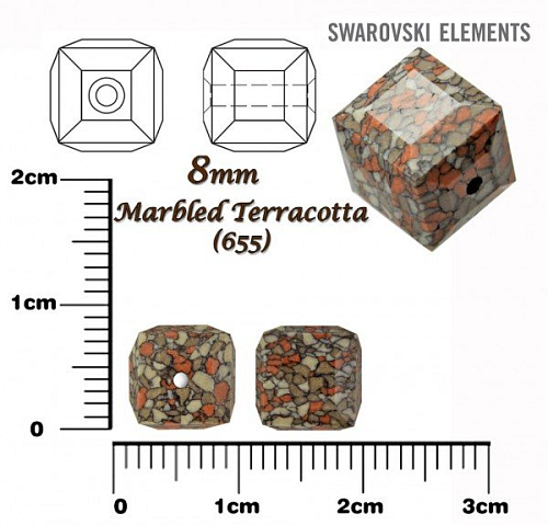 SWAROVSKI CUBE Beads 5601/B KERAMICKÉ korálky barva MARBLED TERRACOTTA velikost 8mm.