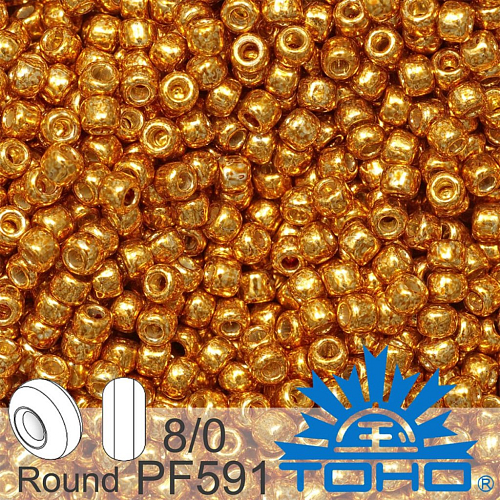 Korálky TOHO tvar ROUND (kulaté). Velikost 8/0. Barva PF591 Permafinish - Galvanized Old Gold. Balení 10g.