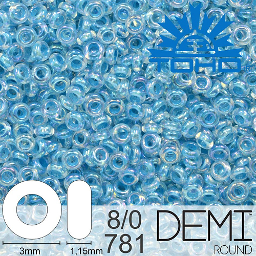 Korálky TOHO Demi Round 8/0. Barva 781 Inside-Color Rainbow Crystal/Opaque Aqua-Lined. Balení 5g