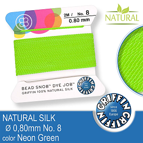 Hedvábná nit s jehlou GRIFFIN síla nitě 0,8mm No.8 délka 2m. Barva Neon Green.