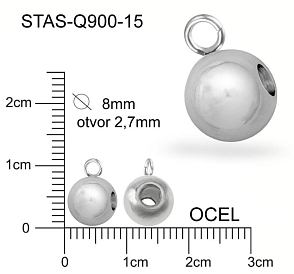 Korálek s OČKEM  CHIRURGICKÁ OCEL ozn.-STAS-Q900-15. velikost pr.8mm (korálek) otvor 2,7mm