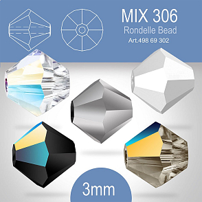 PRECIOSA Bicone (sluníčko) velikost 3mm. Barva MIX 306 Crystal AB, Crystal Labrador Full, Black Diamond AB, Jet Light Hematite, Jet AB. Balení 40ks (5X8ks)