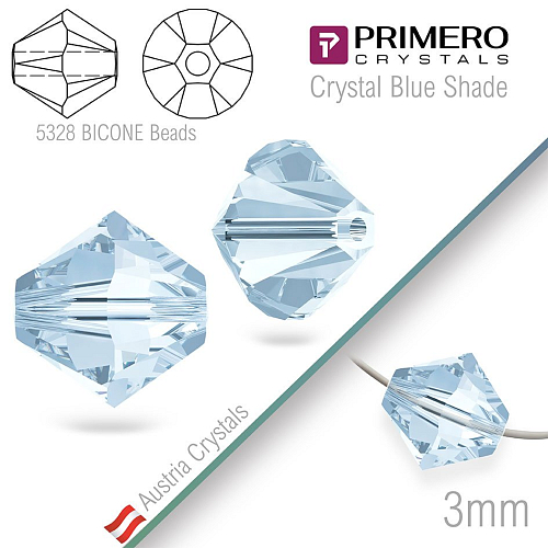 Korálky PRIMERO Crystals . Tvar 5328 Bicone BEADS. Barva Crystal Blue Shade. Velikost 3mm balení-25Ks.
