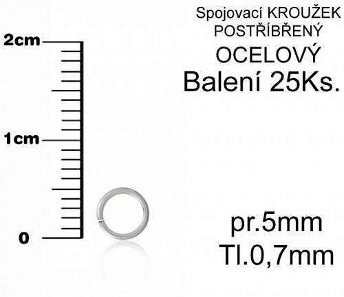 Spojovací kroužek OCELOVÝ. Barva postříbřený. Velikost pr.5mm tl.7,0mm. Balení 25Ks.