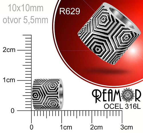 Korálek tvarovaný Reamor CHIRURGICKÁ OCEL ozn.-R629. Velikost 10x10mm otvor 5,5mm.
