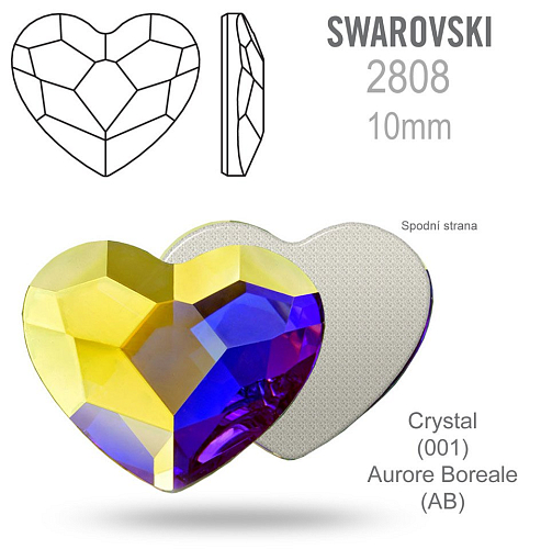 SWAROVSKI 2808 Heart Flat Back Foiled velikost 10mm. Barva Crystal (001) Aurore Boreale (AB)