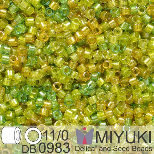 Korálky Miyuki Delica 11/0. Barva Spkl Lined Lemon Lime Mix (yellow green chartreuse) DB0983. Balení 5g.
