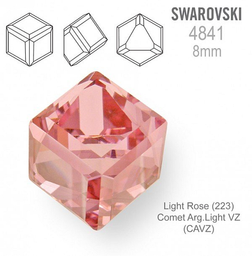 SWAROVSKI ELEMENTS 4841 Angled Cube (zkosená kostka) barva LIGHT ROSE (223) CometArg. Light VZ (CAVZ) velikost 8mm.