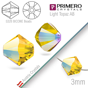 Korálky PRIMERO Crystals . Tvar 5328 Bicone BEADS. Barva Light Topaz AB  Velikost 3mm balení-25Ks.