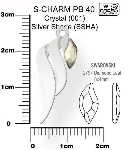 Přívěsek tvar KŘÍDLO PB 40+Swarovski 2797 Crystal (001) Silver Shade (SSHA ). Materiál Ag925. Váha Ag 0,62g