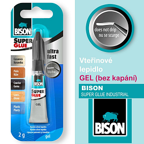 Vteřinové lepidlo BISON SUPER GLUE GEL (bez kapání). Určené pro lepení hladkých, čistých a suchých povrchů. Balení 2g.