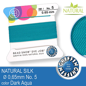 Hedvábná nit s jehlou GRIFFIN síla nitě 0,65mm No.5 délka 2m. Barva Dark Aqua.