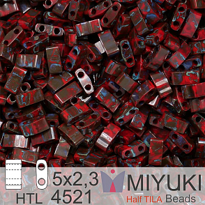 Korálky Miyuki Half Tila. Barva Opaque Red Picasso HTL 4521. Balení 3g.