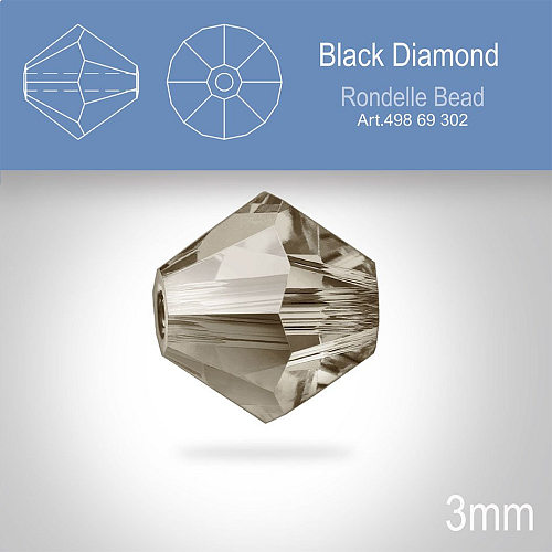 PRECIOSA Bicone (sluníčko) velikost 3mm. Barva BLACK DIAMOND . Balení 40ks