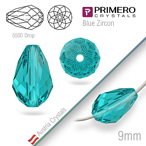 Korálky PRIMERO Crystals . Tvar 5500 Drop. Barva Blue Zircon. Velikost 9mm
