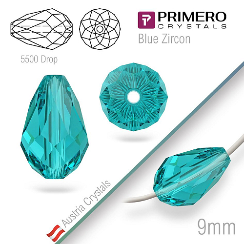 Korálky PRIMERO Crystals . Tvar 5500 Drop. Barva Blue Zircon. Velikost 9mm