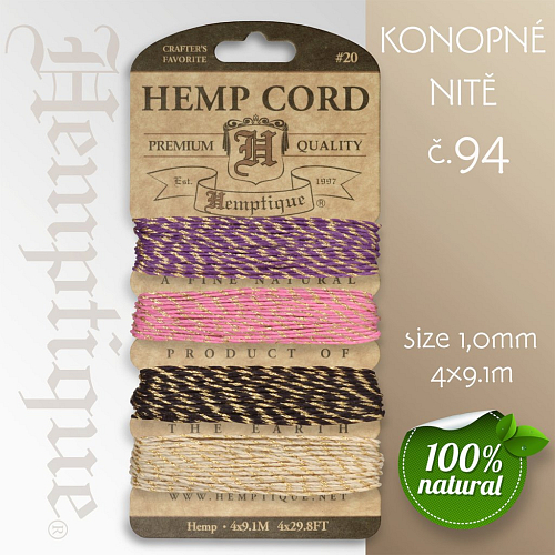 Konopná nit HEMP CORD síla nitě 1,0mm. Balení 4x9,1m. Barva č.94 Metallic Cupcake