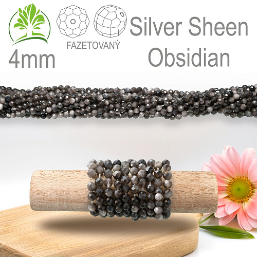Korálky z minerálů Silver Sheen Obsidian Fazetovaný přírodní polodrahokam. Velikost pr.4mm. Balení 95Ks.