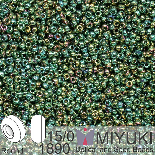 Korálky Miyuki Round 15/0. Barva 1890 Emerald Gold Luster. Balení 5g