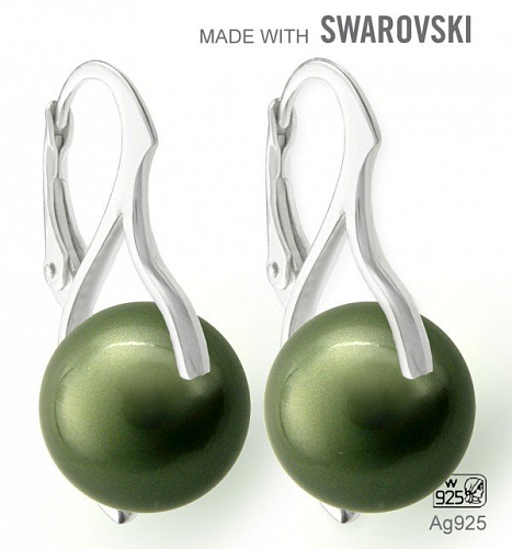 Náušnice sada Made with Swarovski 5810 Crystal Dark Green Pearl (001 393) 10mm+náušnice Ag925
