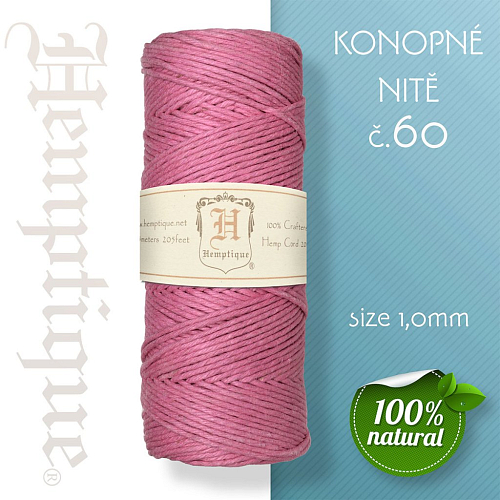 Konopná nit HEMP CORD síla nitě 1,0mm. METRÁŽ Barva č.60 Růžová