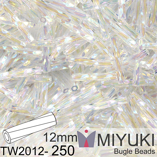 Korálky Miyuki Twisted Bugle 12mm. Barva TW2012-250 Crystal AB.  Balení 10g.