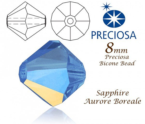 PRECIOSA Bicone MC BEAD (sluníčko) velikost 8mm. Barva SAPPHIRE Aurore Boreale. 