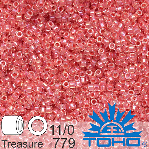 Korálky TOHO tvar TREASURE (válcové). Velikost 11/0. Barva 779 Inside-Color Rainbow Crystal/Salmon-Lined. Balení 5g.