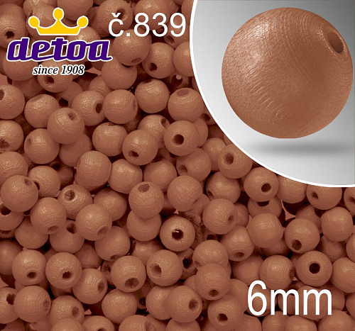 Korálky dřevěné 1175 velikost pr.6mm.Barva 839 světle hnědá. Balení 30 kusů v sáčku.