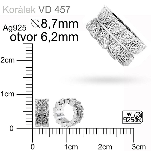 Korálek s velkým otvorem  ozn. VD457.Velikost pr. 8,7mm otvor 6,2mm. Materiál STŘÍBRO Ag925.váha 0,95g.